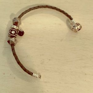 Pandora black leather bracelet with 4 charms